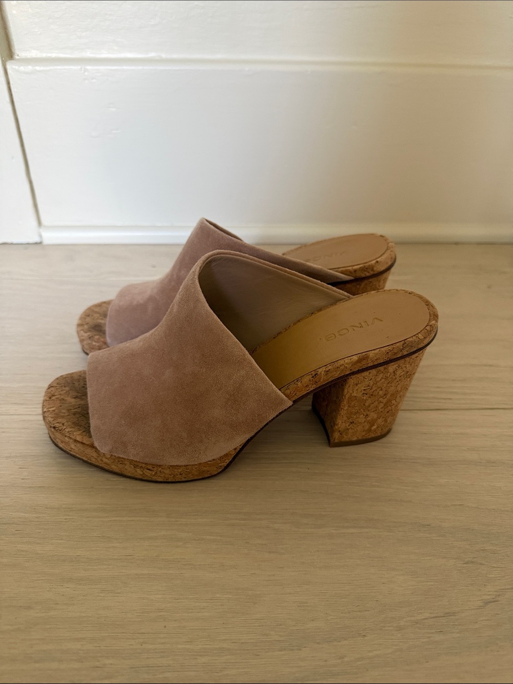 Vince Suede Cork Block Heel Mules in Taupe